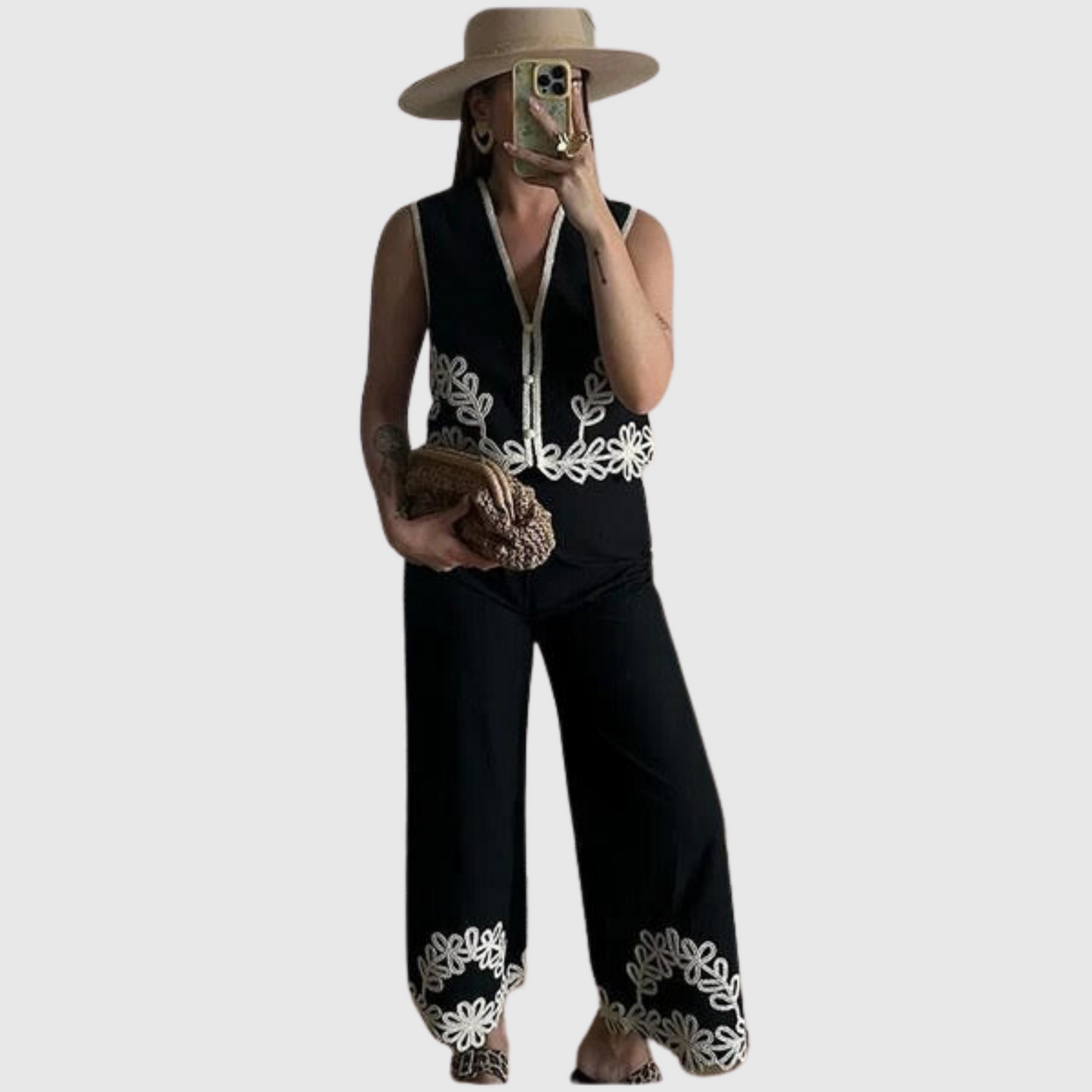 Embroidered Short Vest Trousers Set