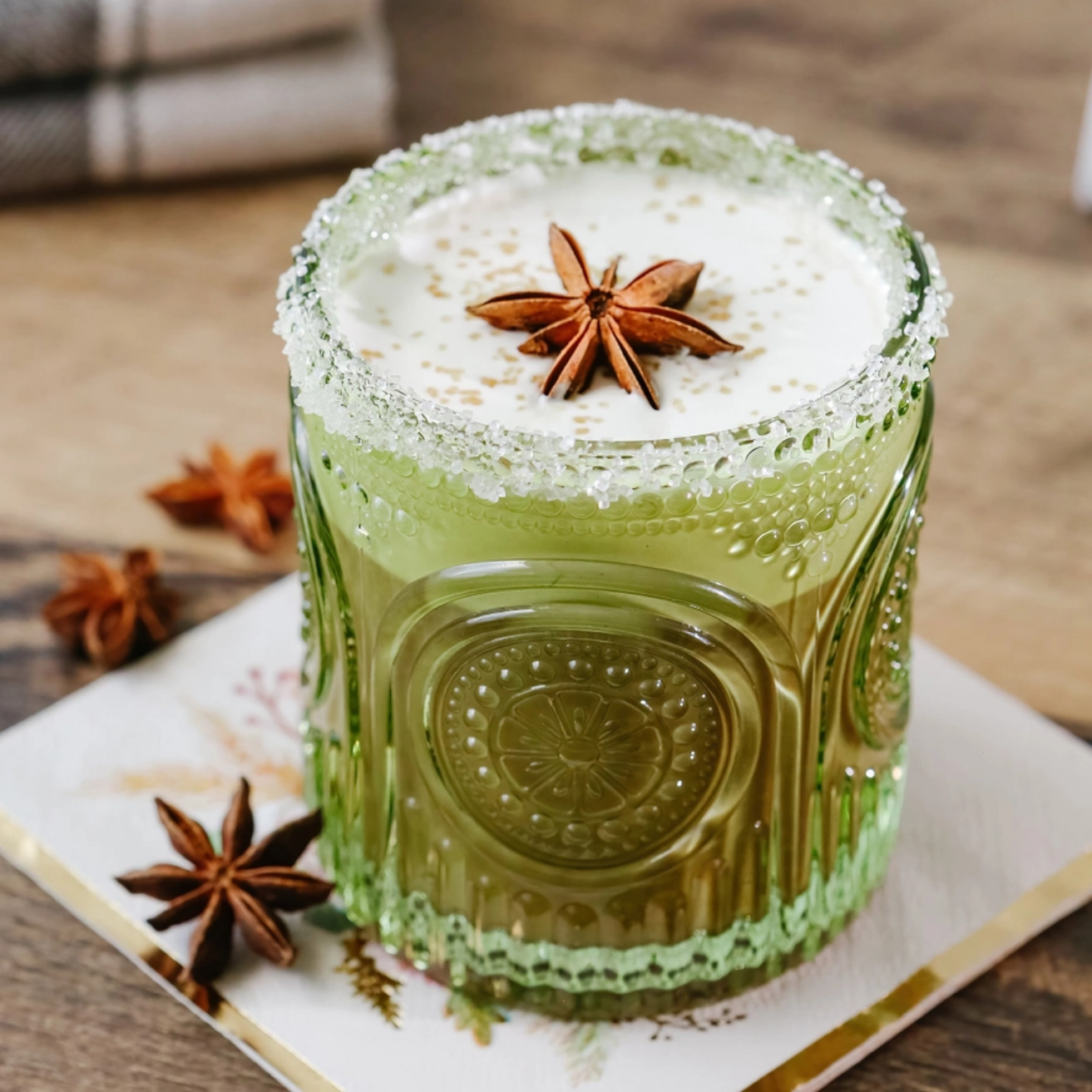 10 oz Ribbed Floral Green Drinking Glass (6)