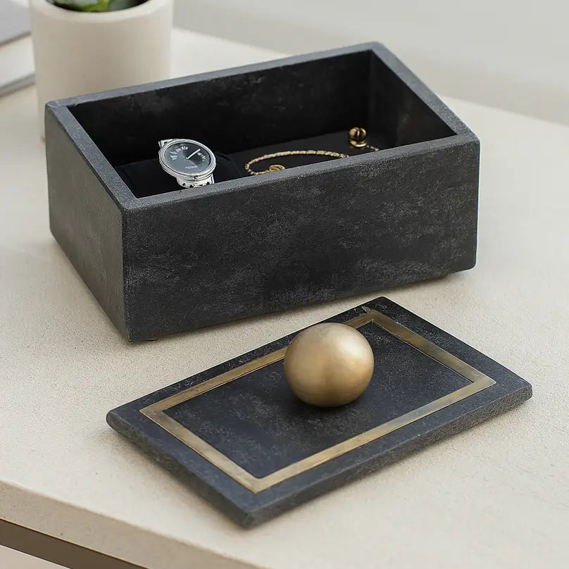 Marble Decorative Box with Removable Lid - Black, 7 in.