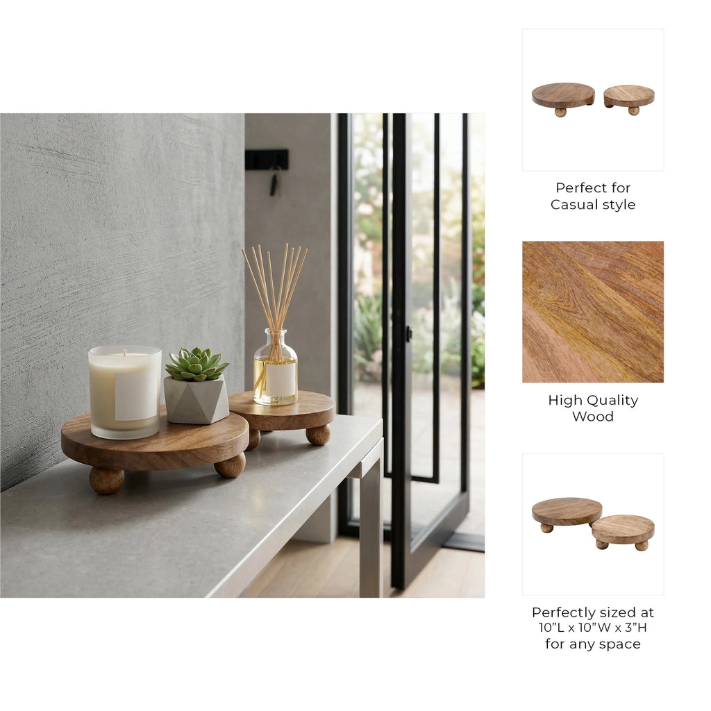 Brown Mango Wood Round Risers - Trays Set of 2