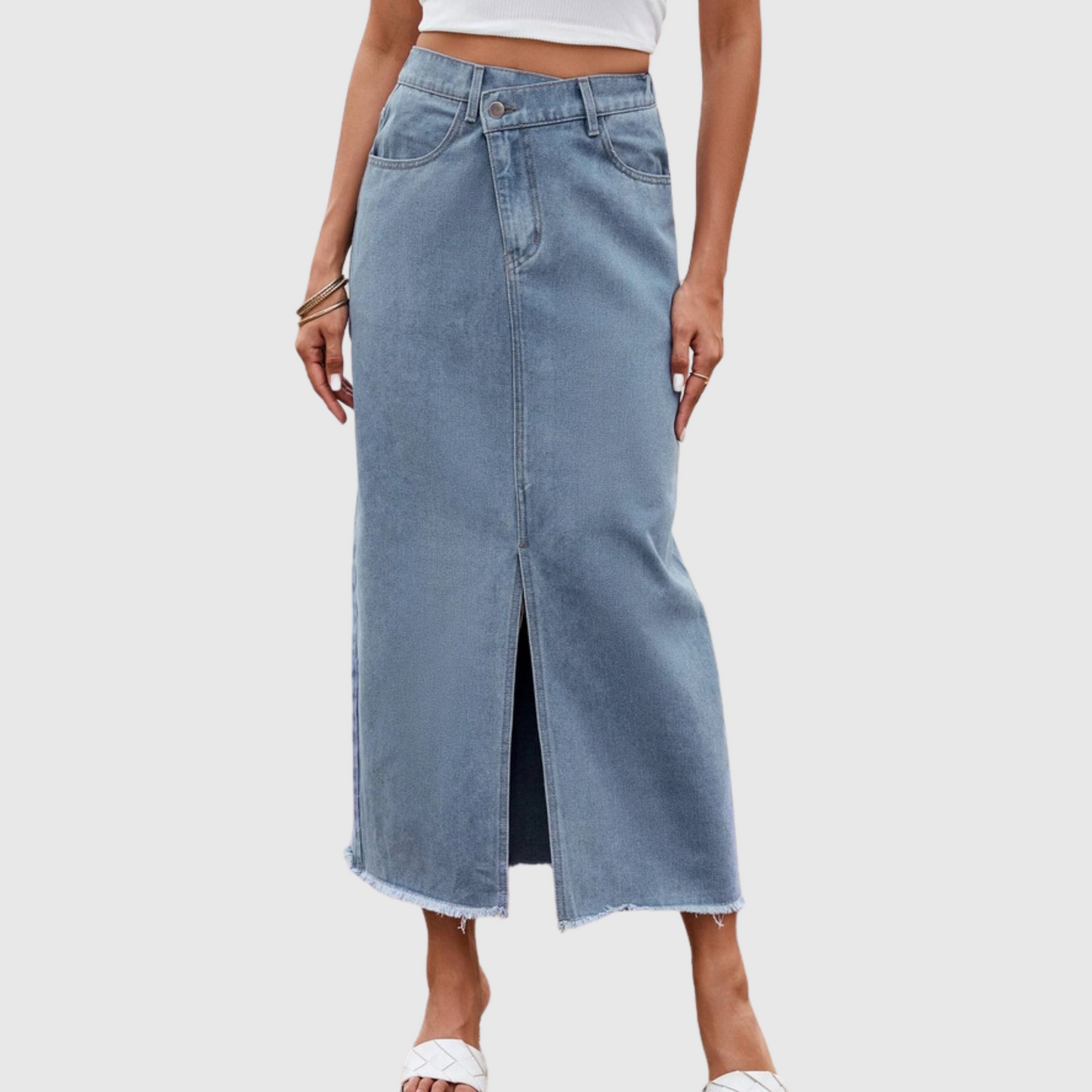 Front Slit Waist Midi Denim Skirt