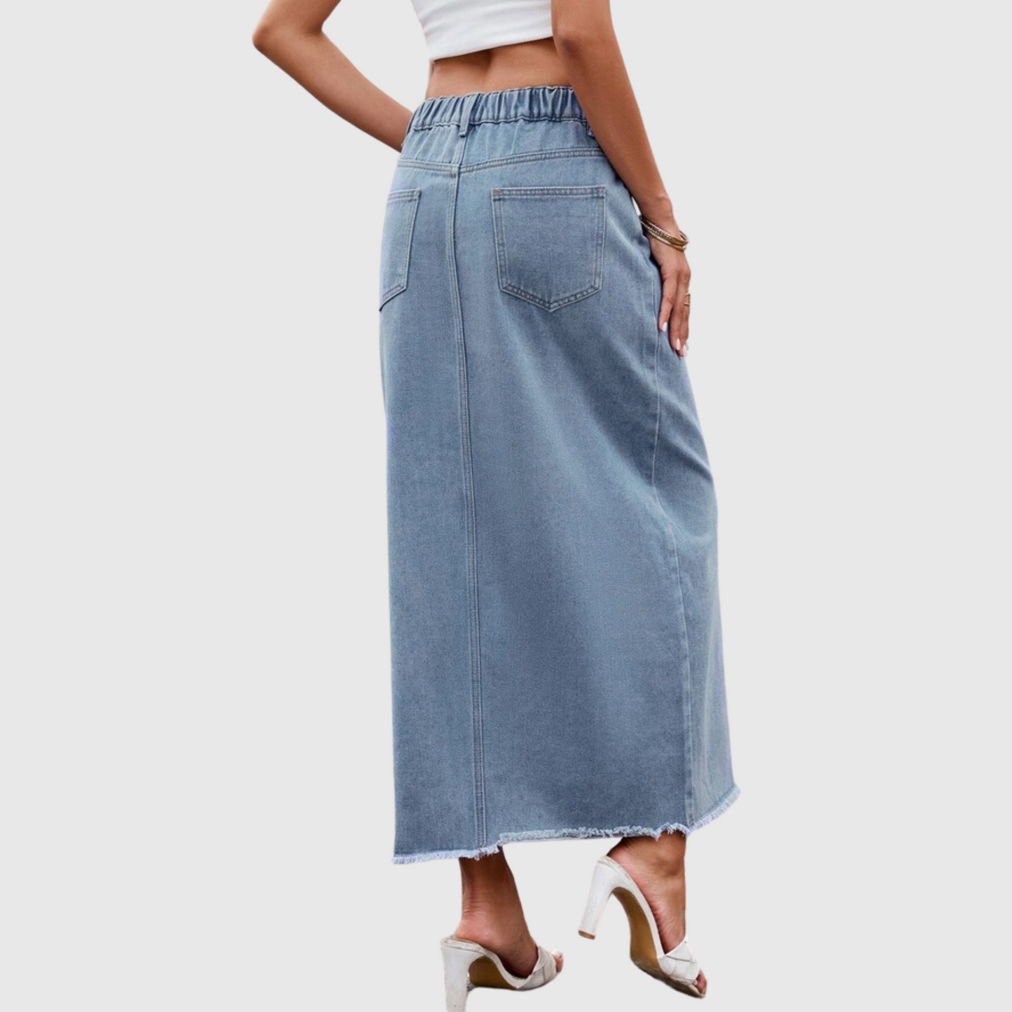 Front Slit Waist Midi Denim Skirt