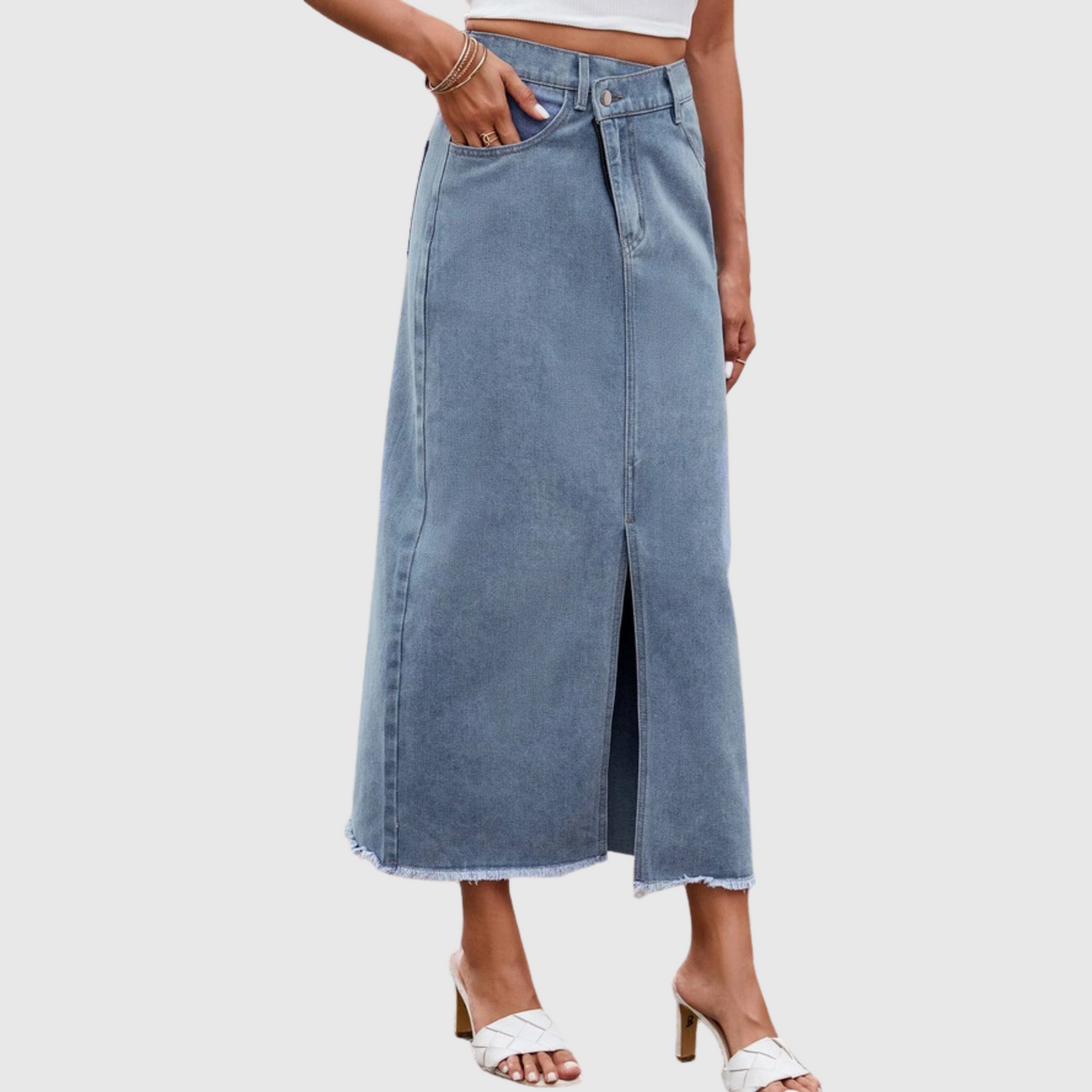 Front Slit Waist Midi Denim Skirt