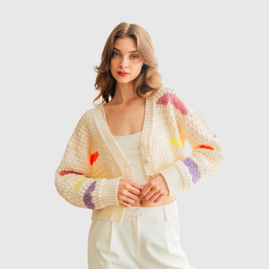 Color Block Knit Relaxed Semi Crop Cardigan