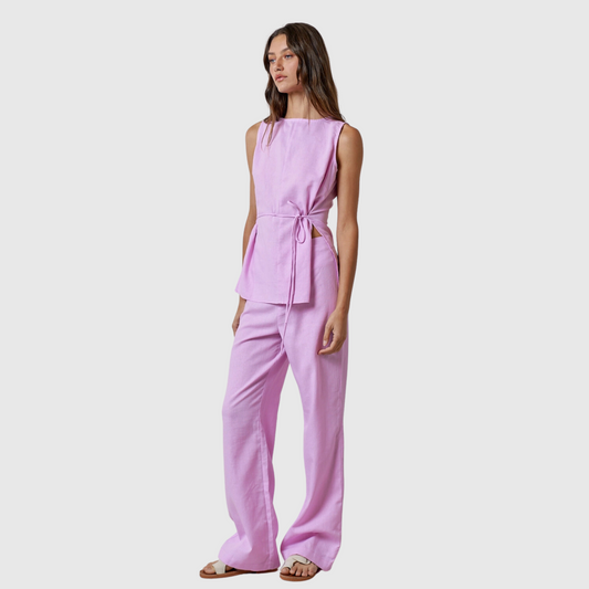 Linen Round Neck Waist Tie Top and Long Pant Set