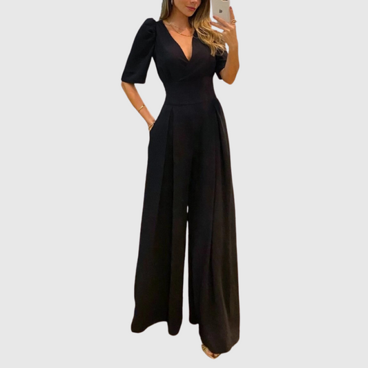 Deep V Half Sleeve Wide Leg Jumpsuit