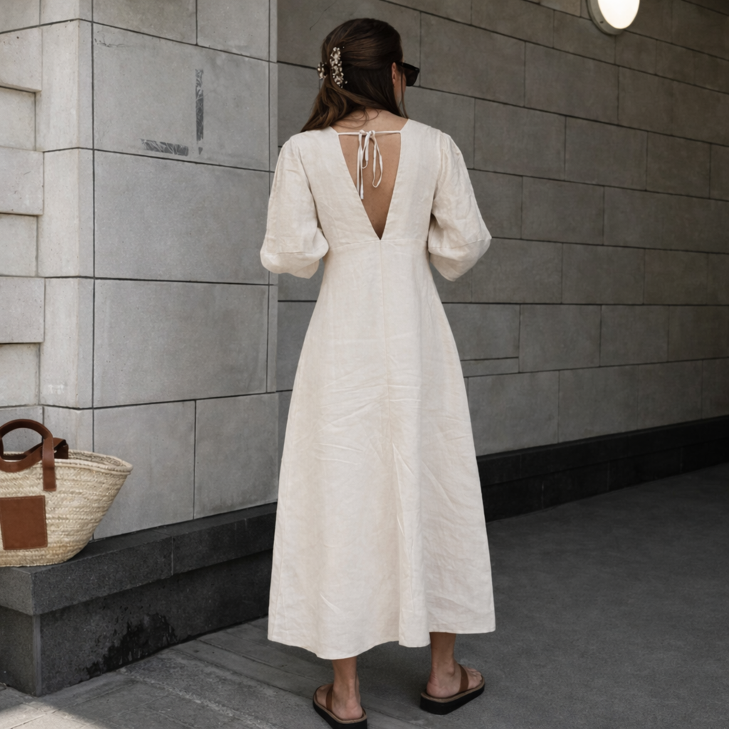 French Puff Sleeve Backless Shirt Dress