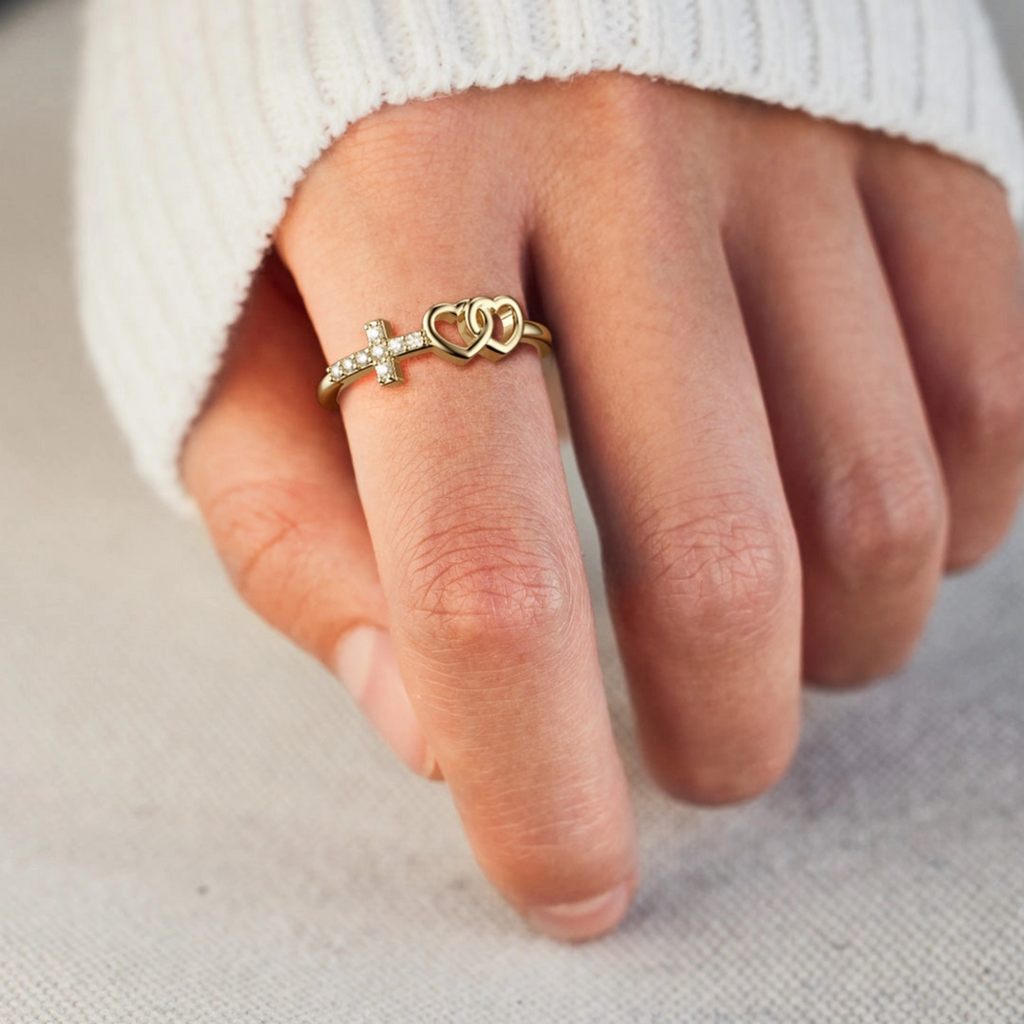 Double Heart and Cross Ring