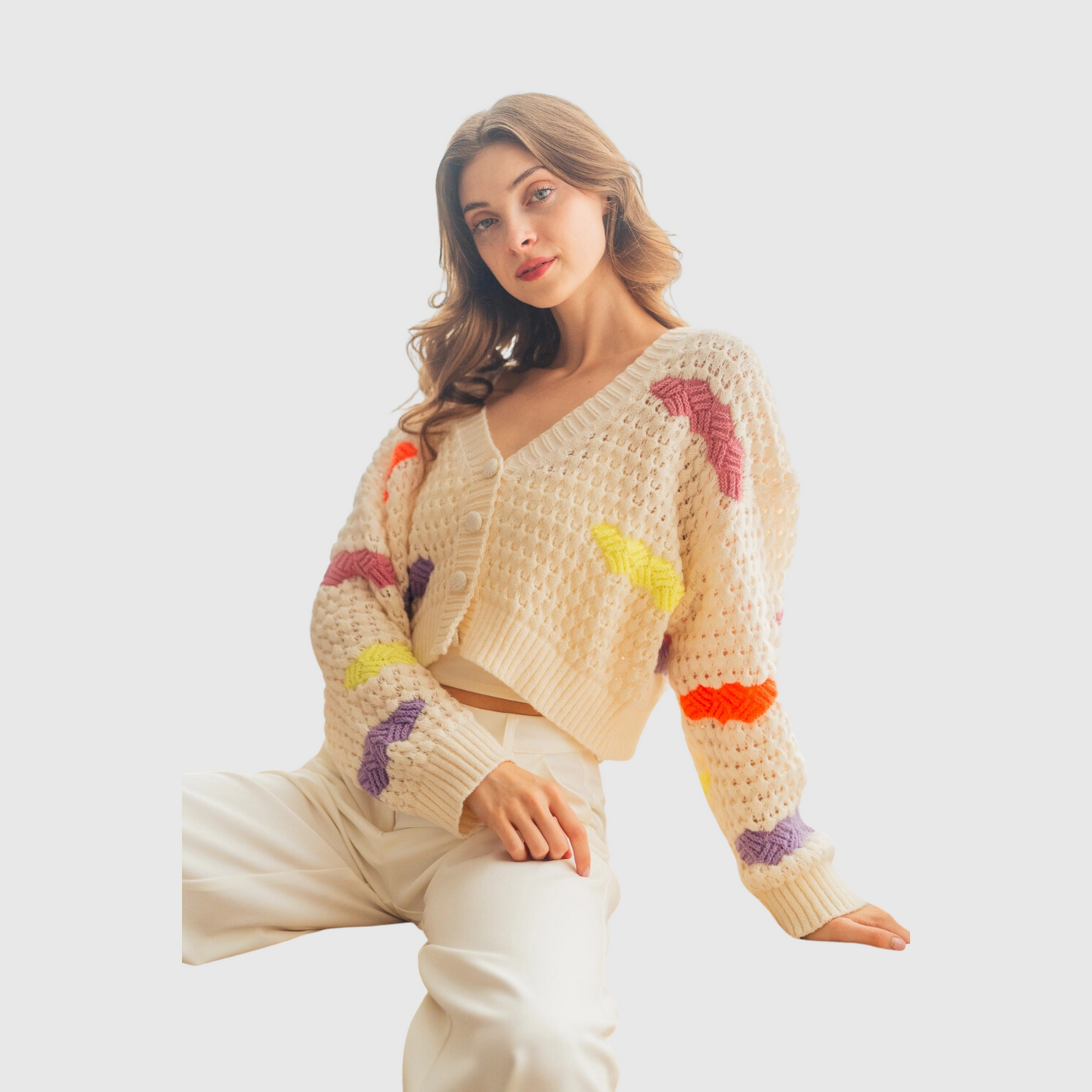 Color Block Knit Relaxed Semi Crop Cardigan