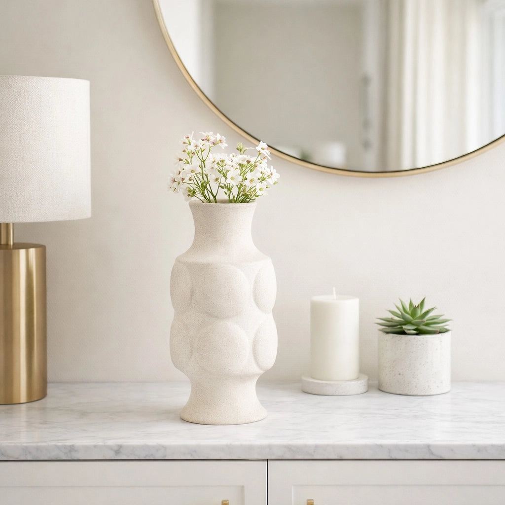 Decorative Vase - White Ceramic Dot Embossed Round, 11 in.