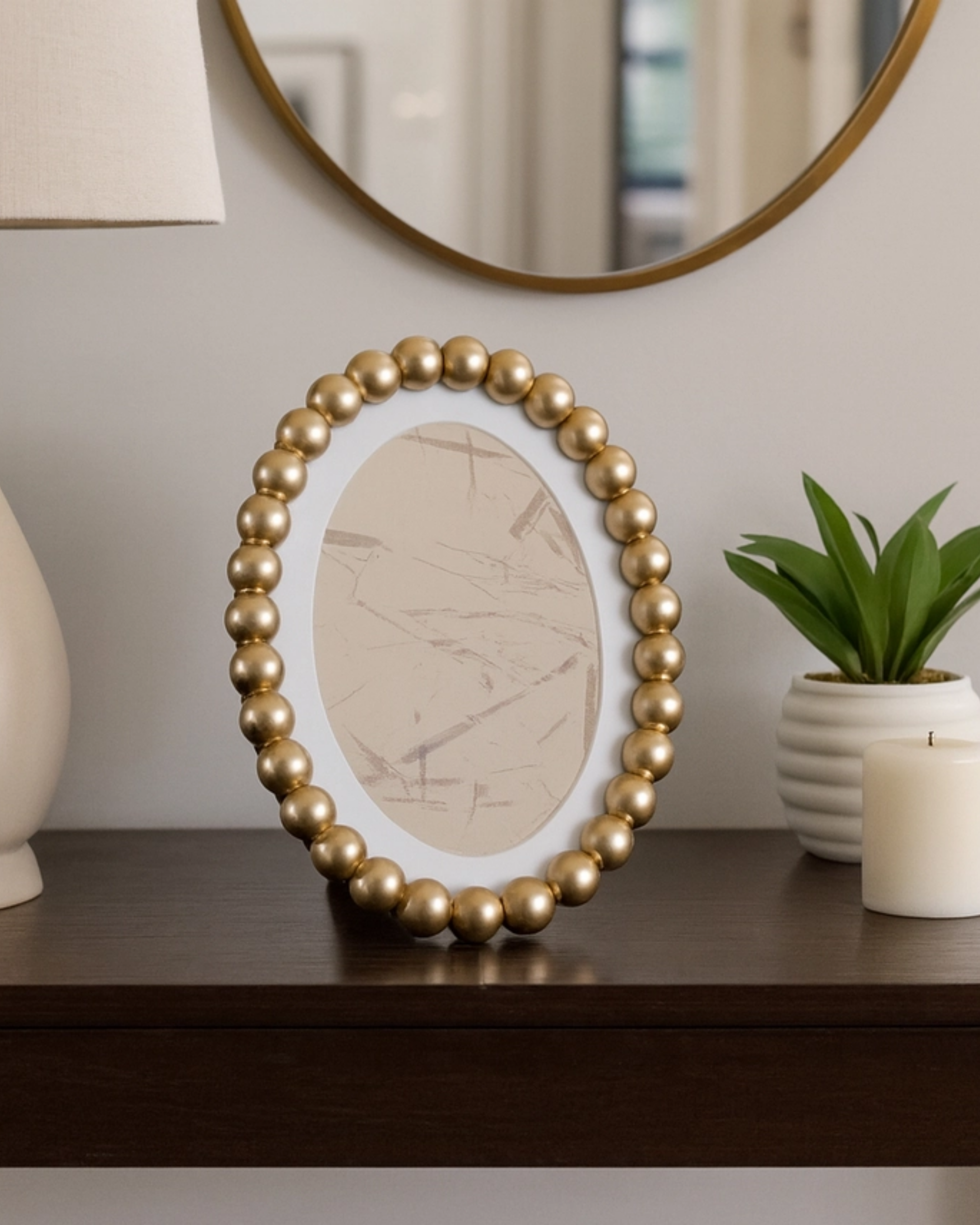 Photo Frame - Gold Glass Matted Round Beaded, 7x9 in.