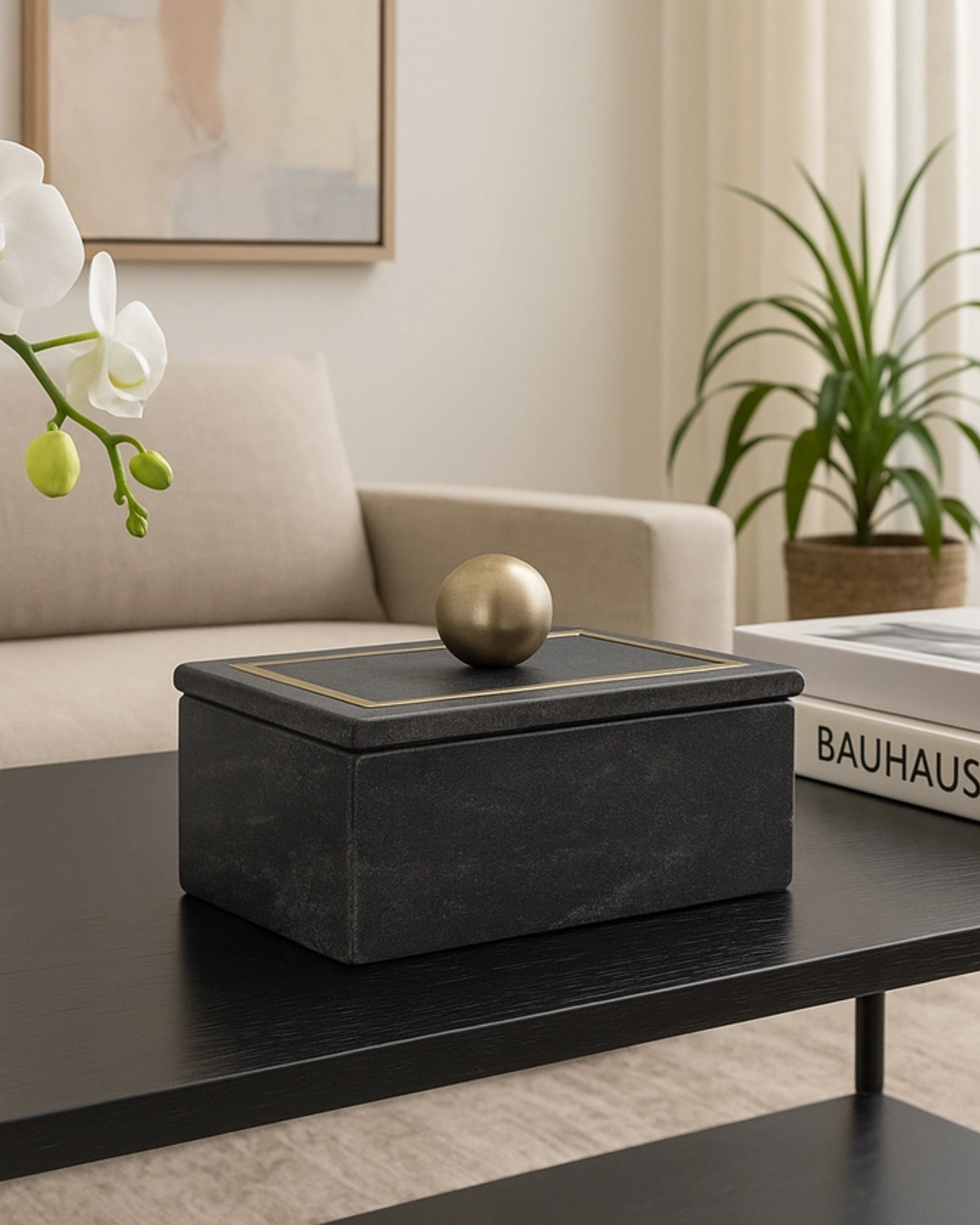 Marble Decorative Box with Removable Lid - Black, 7 in.