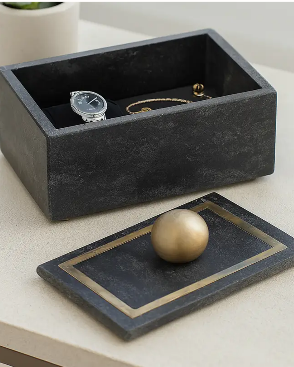 Marble Decorative Box with Removable Lid - Black, 7 in.