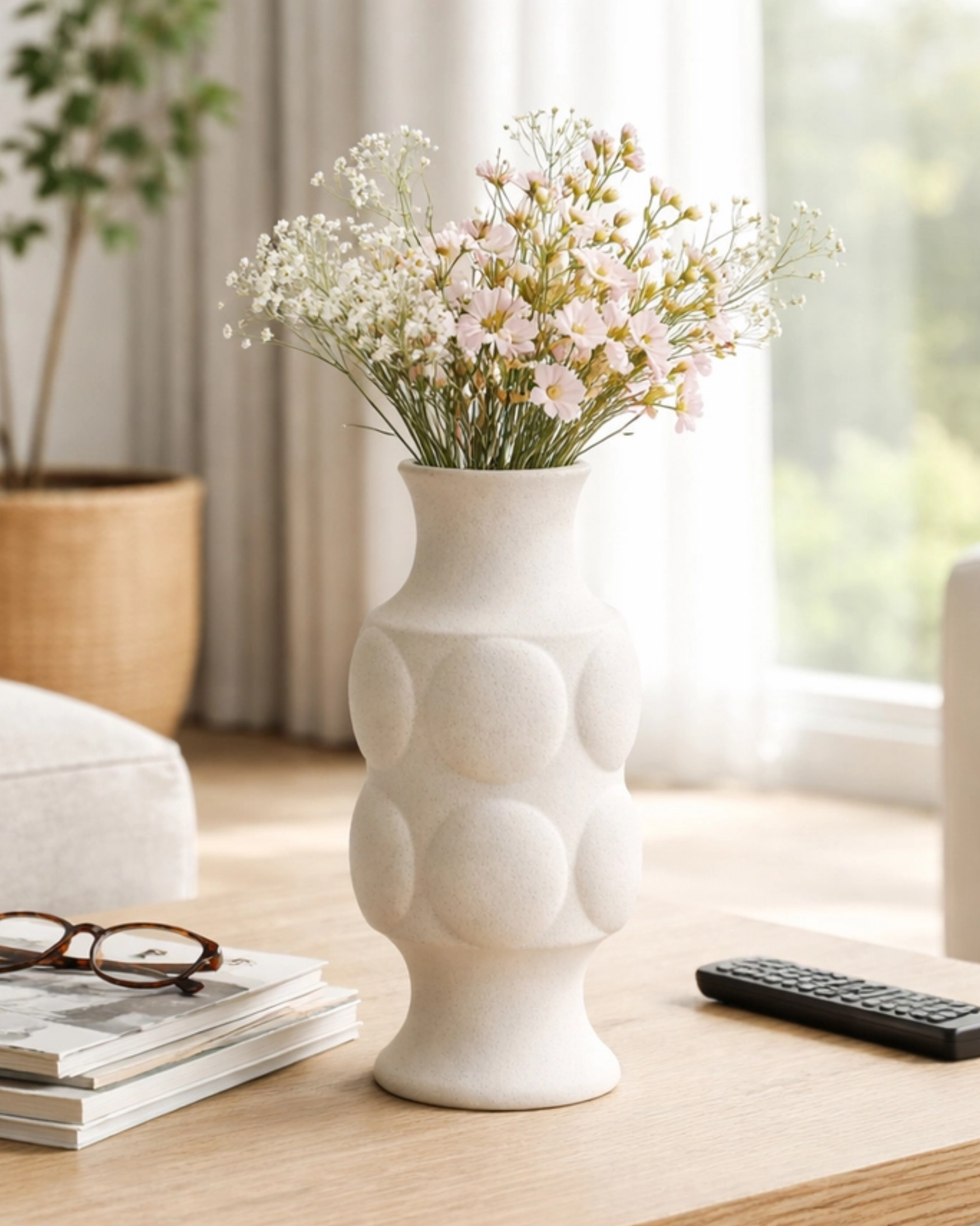 Decorative Vase - White Ceramic Dot Embossed Round, 11 in.