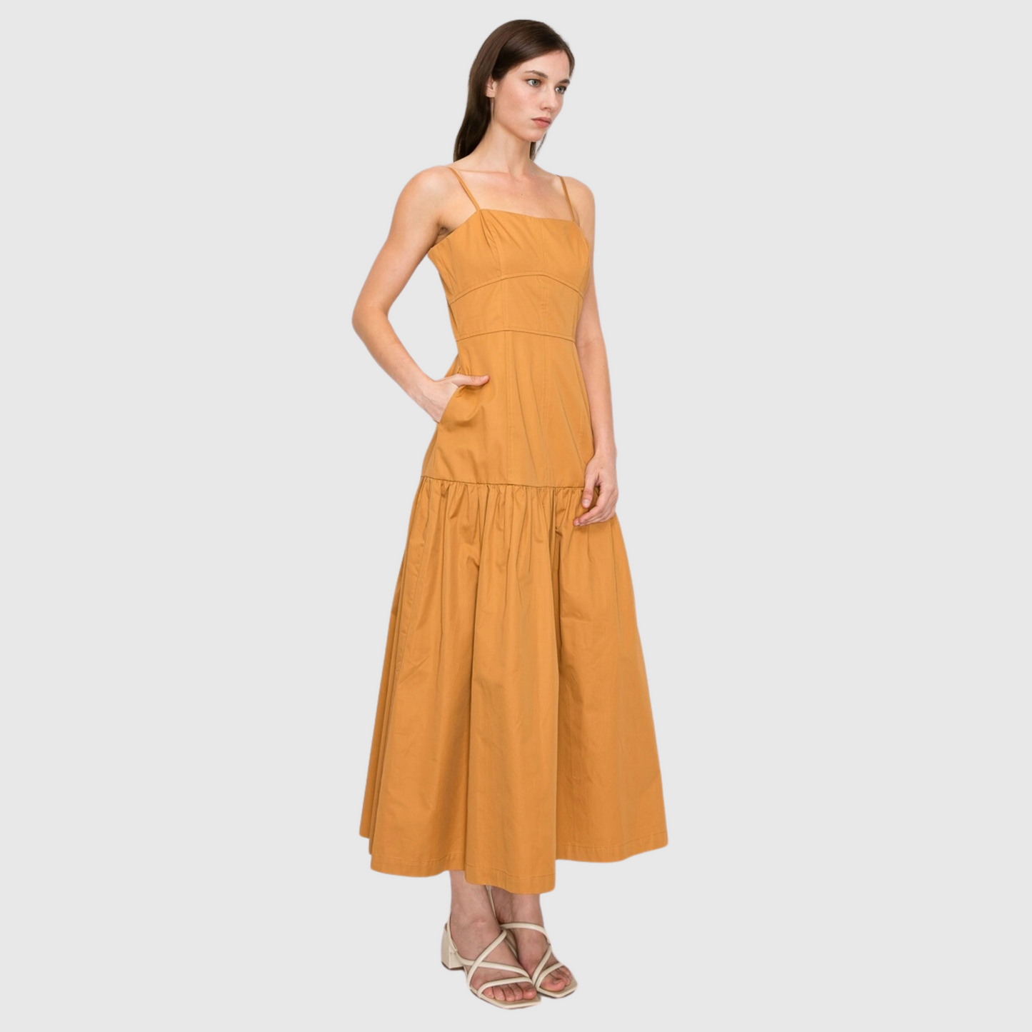 Square Neck Tiered Sleeveless Midi Dress