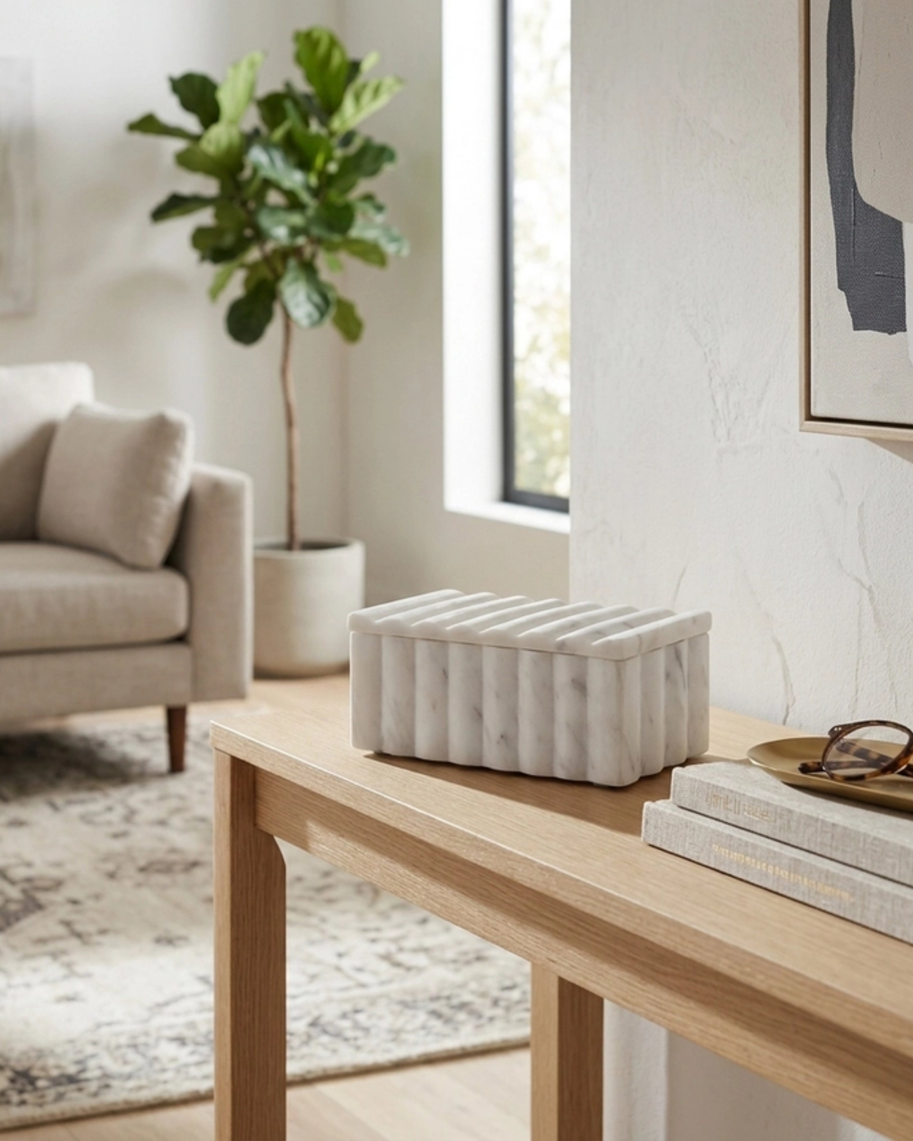 Decorative Box - White Marble Rectangular Ridged, 7 in.