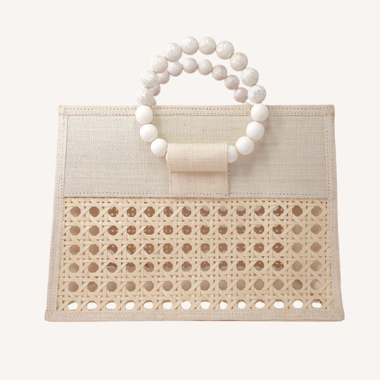 Pearl, Cream & White Woven Rattan Tote Bag