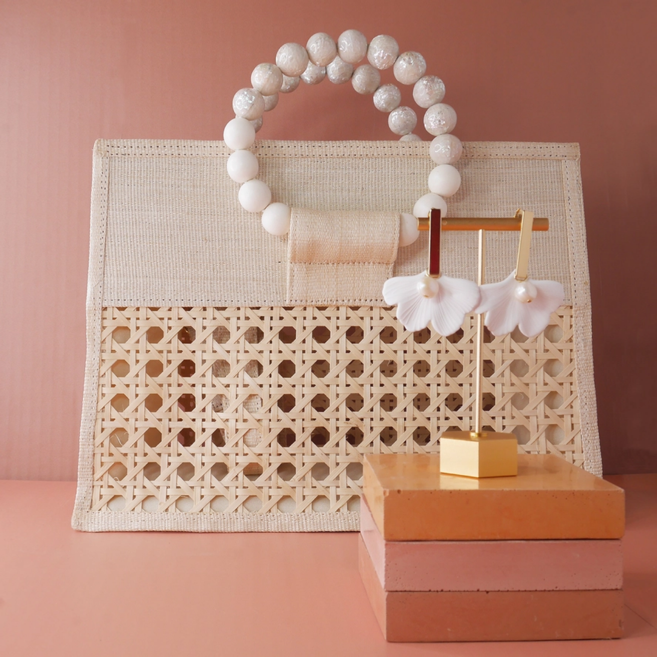 Pearl, Cream & White Woven Rattan Tote Bag