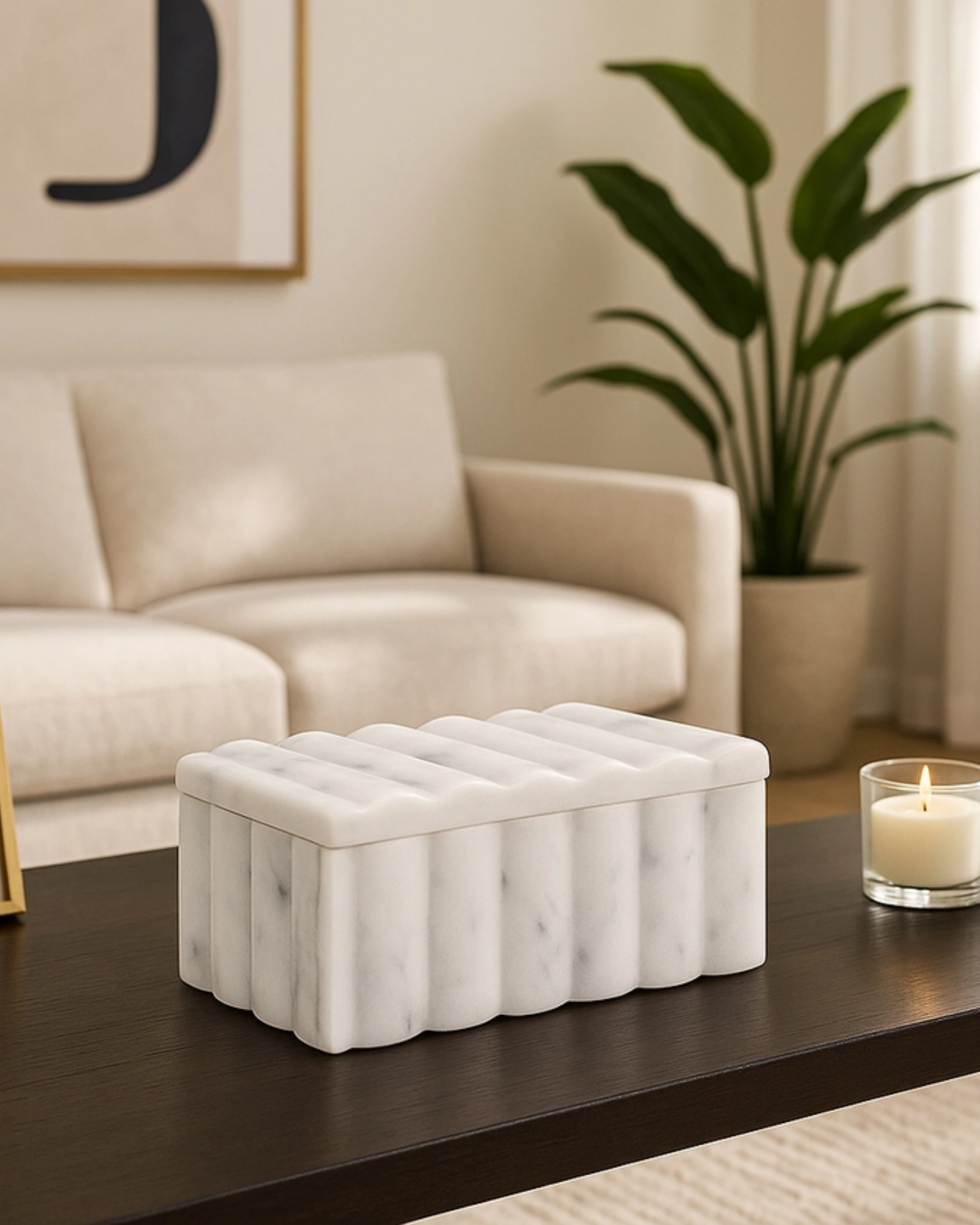 Decorative Box - White Marble Rectangular Ridged, 7 in.
