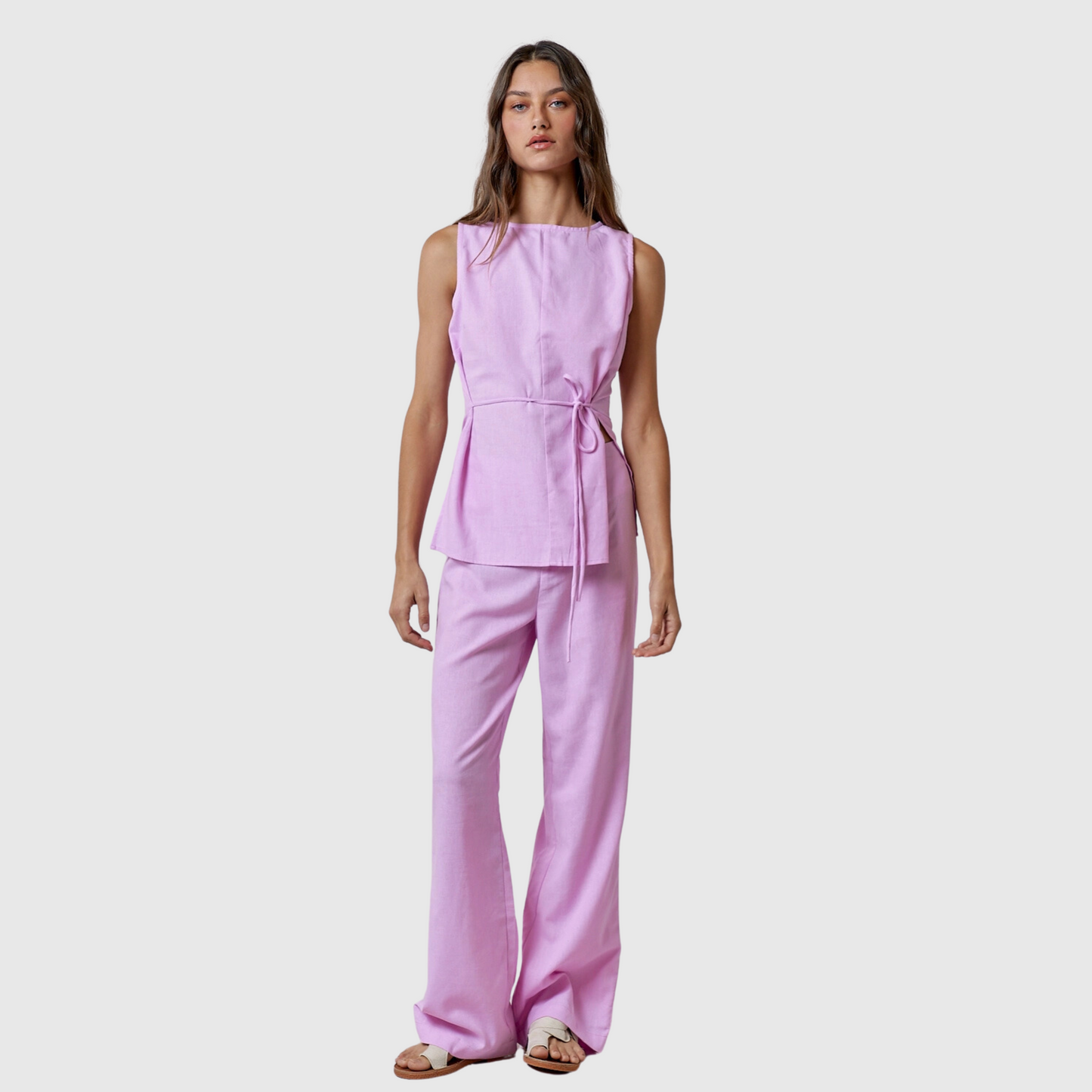 Linen Round Neck Waist Tie Top and Long Pant Set