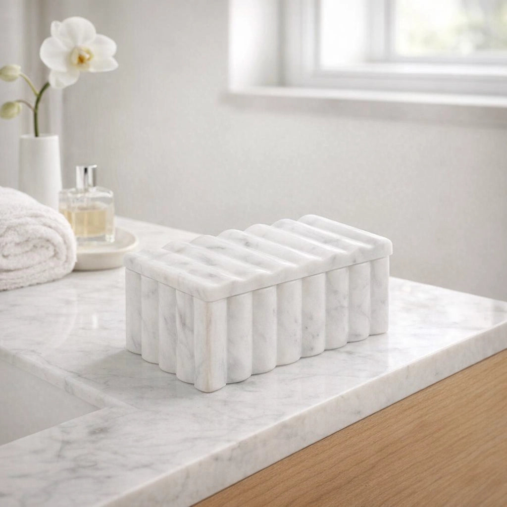 Decorative Box - White Marble Rectangular Ridged, 7 in.