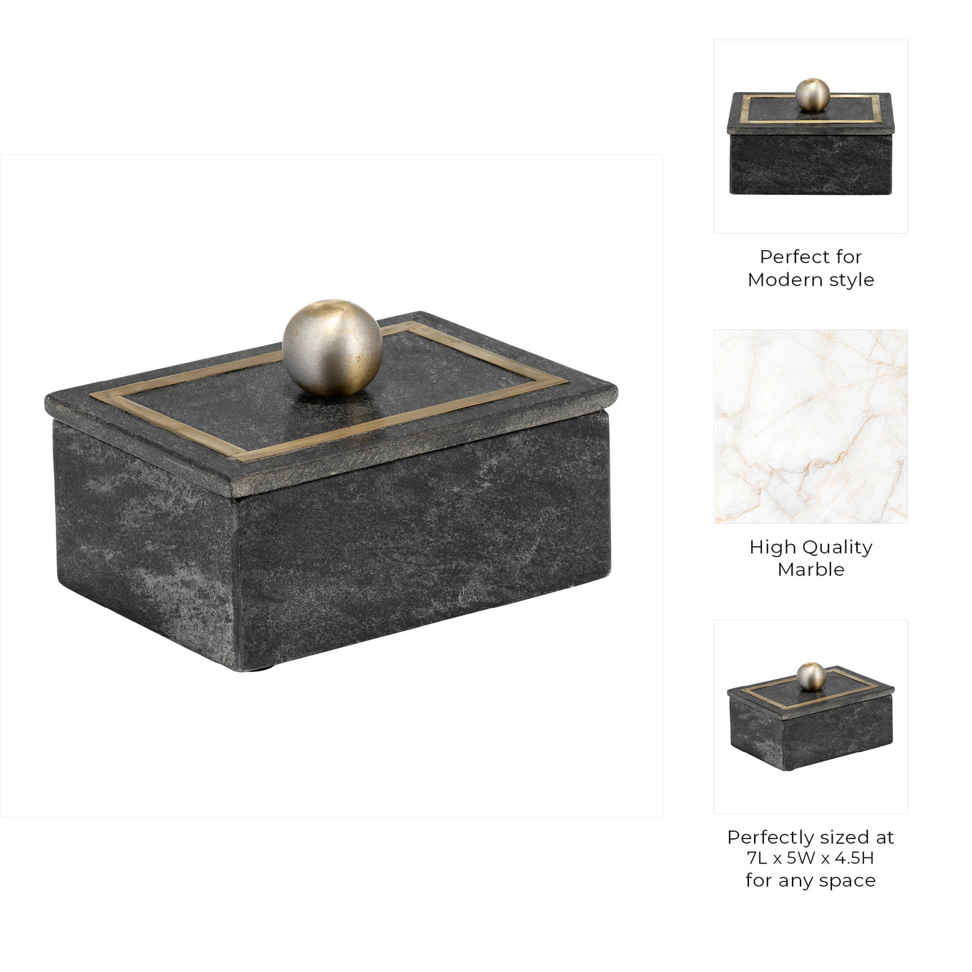 Marble Decorative Box with Removable Lid - Black, 7 in.