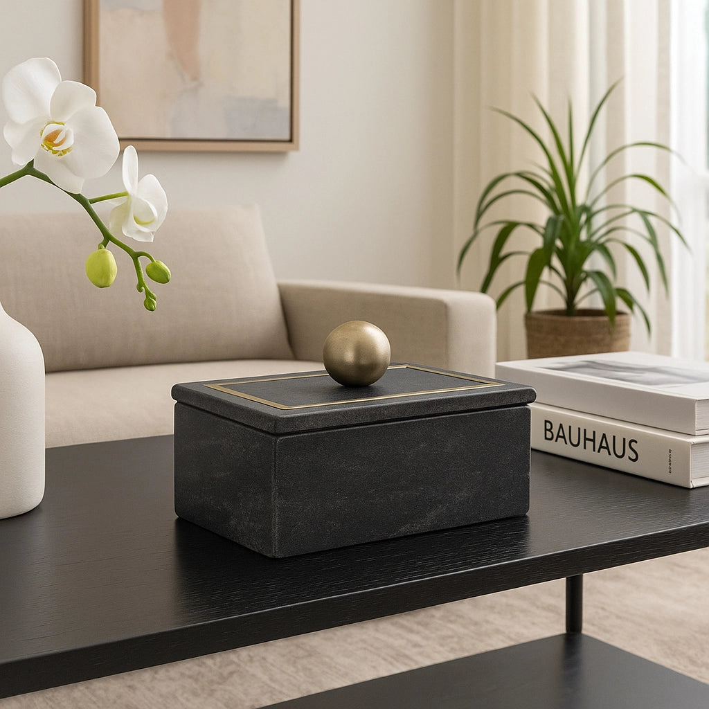 Marble Decorative Box with Removable Lid - Black, 7 in.