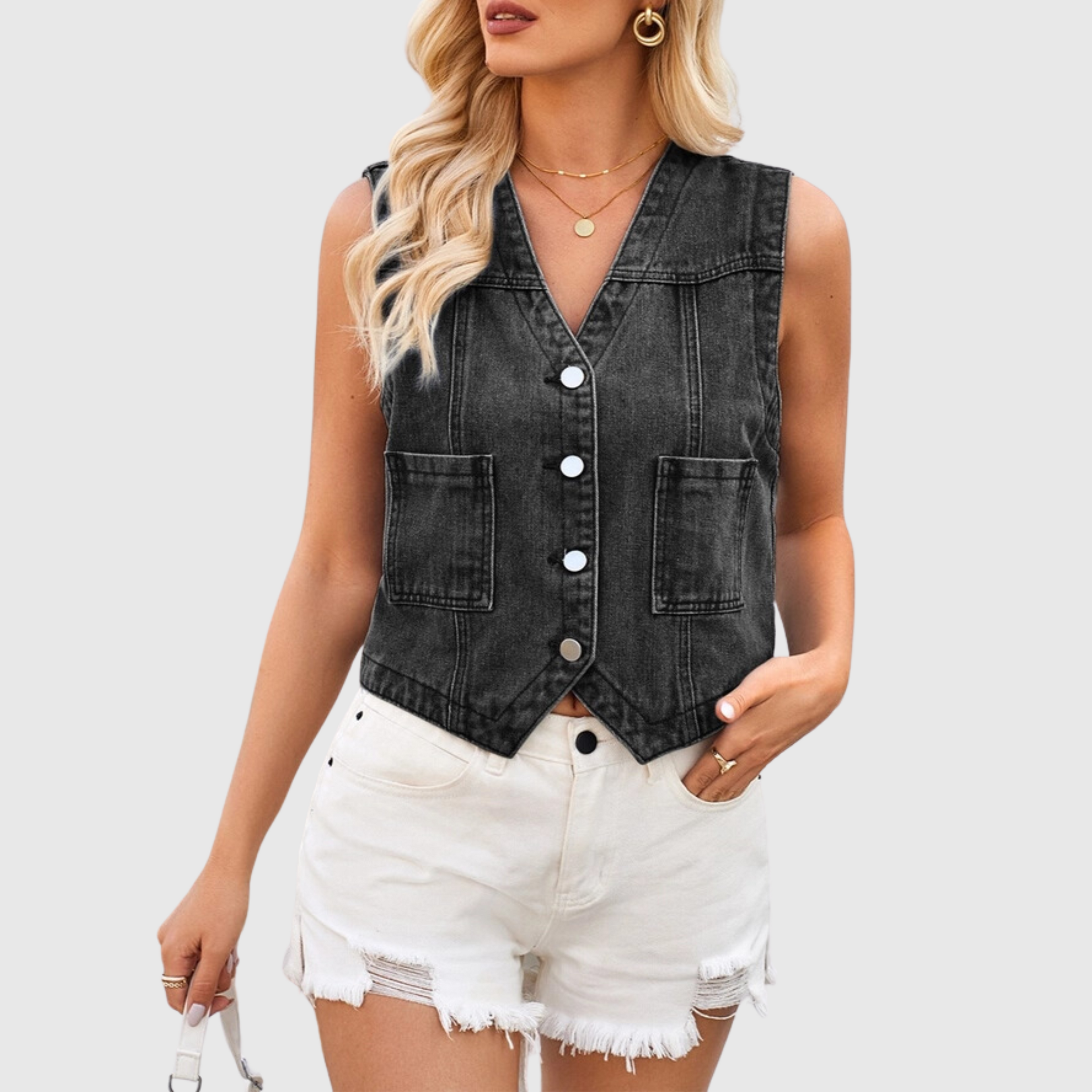 Vintage Washed V-Neck Denim Vest