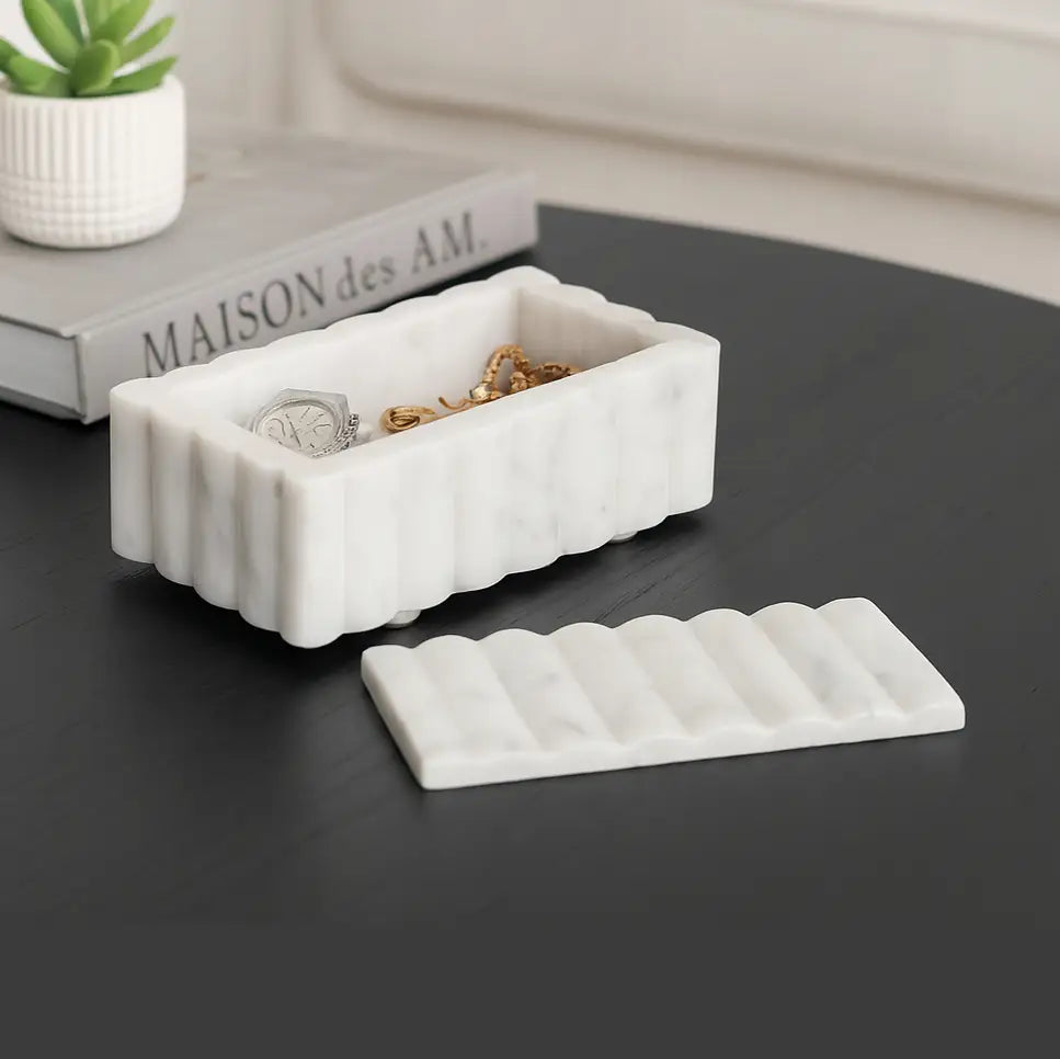 Decorative Box - White Marble Rectangular Ridged, 7 in.