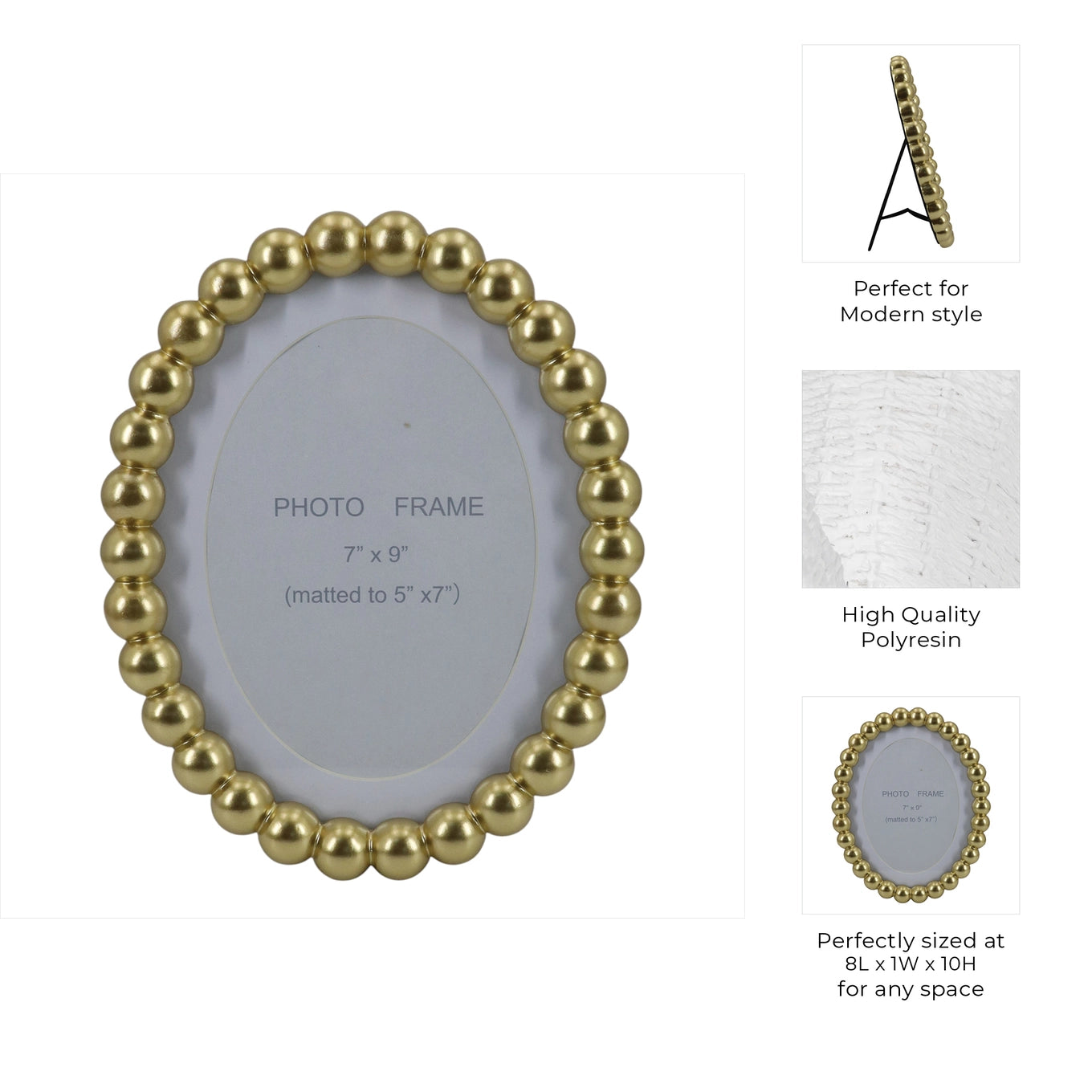 Photo Frame - Gold Glass Matted Round Beaded, 7x9 in.