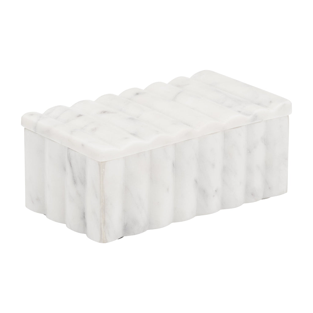 Decorative Box - White Marble Rectangular Ridged, 7 in.