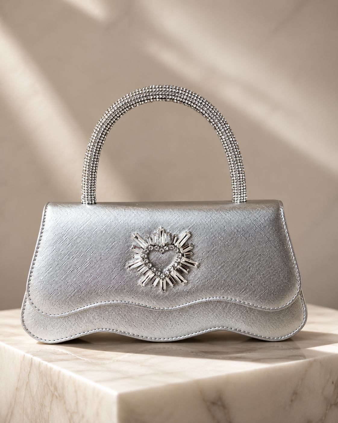 Silver Handbag with Rhinestone Heart