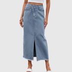 Slit Waist Midi Denim Skirt