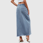 Slit Waist Midi Denim Skirt