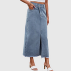 Slit Waist Midi Denim Skirt