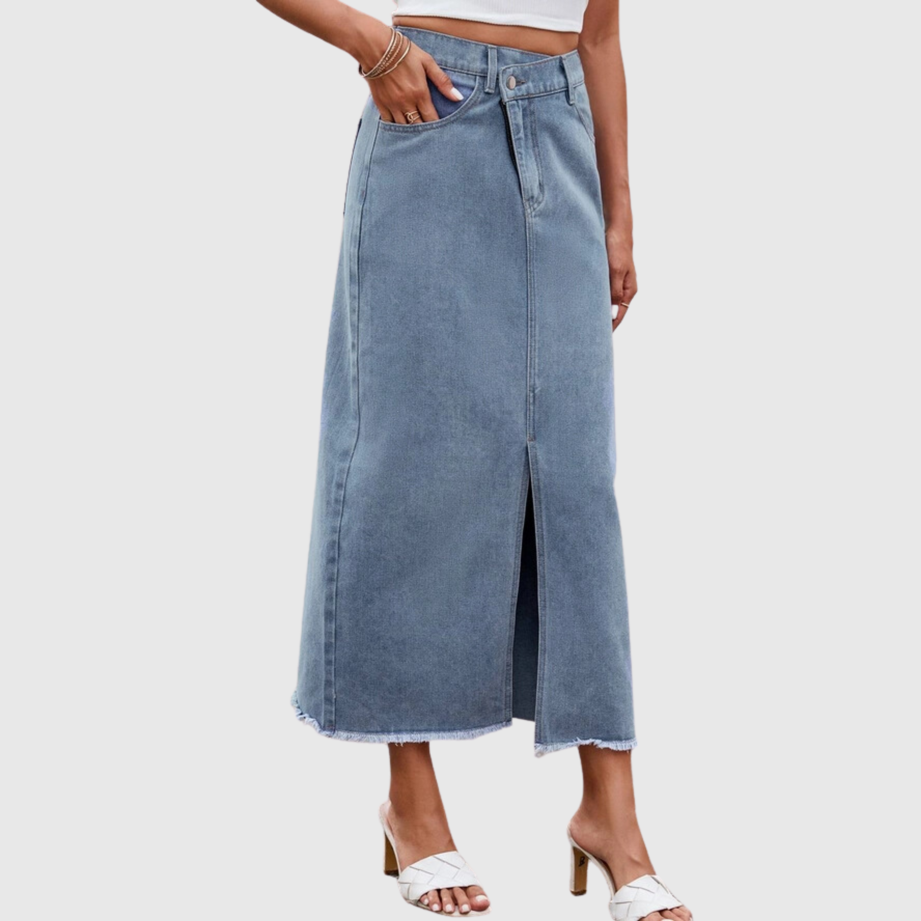 Slit Waist Midi Denim Skirt