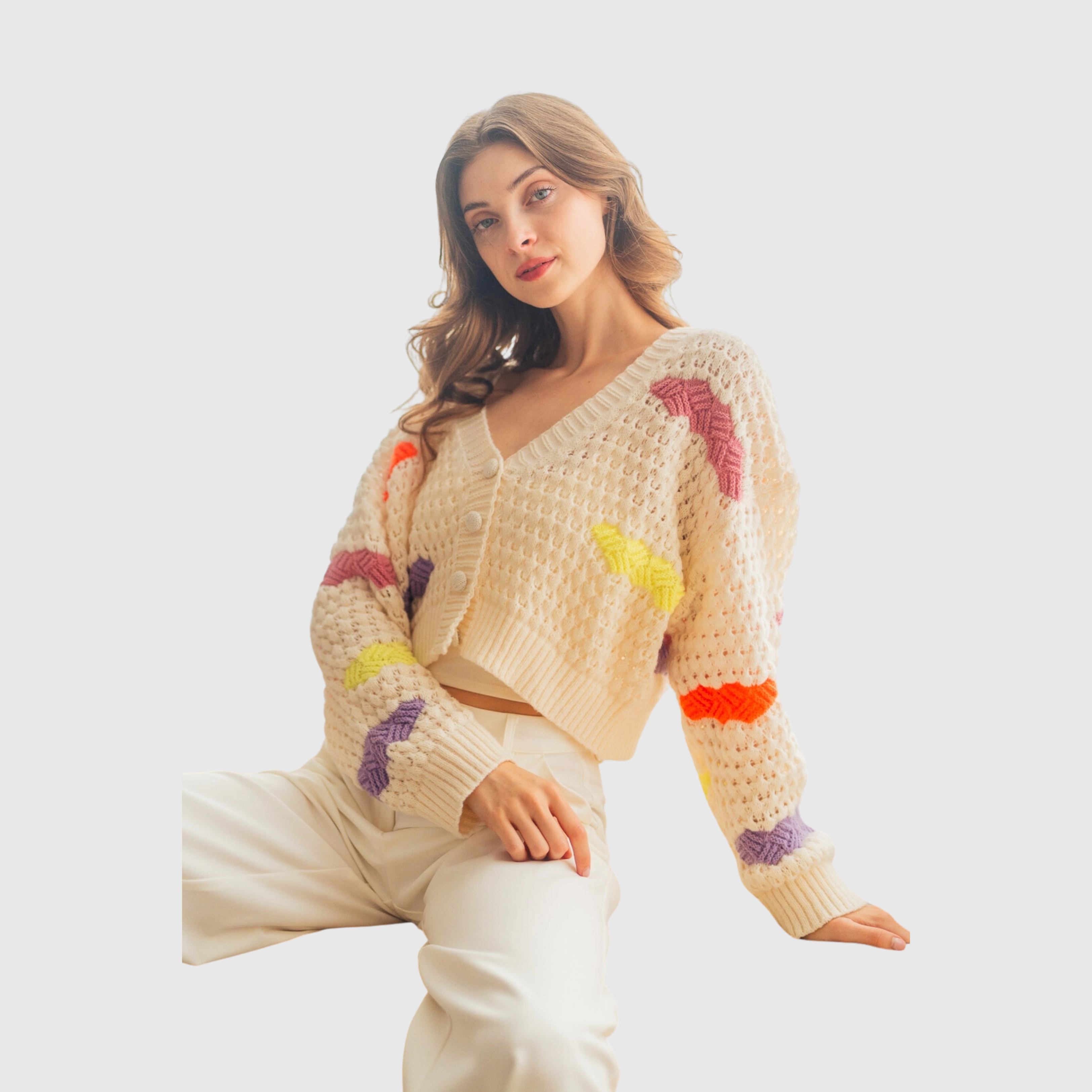 Color Block Knit Relaxed Semi Crop Cardigan