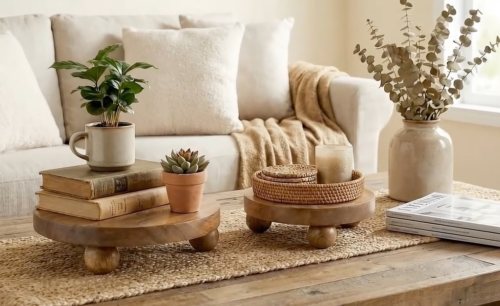 Brown Mango Wood Round Risers - Trays Set of 2