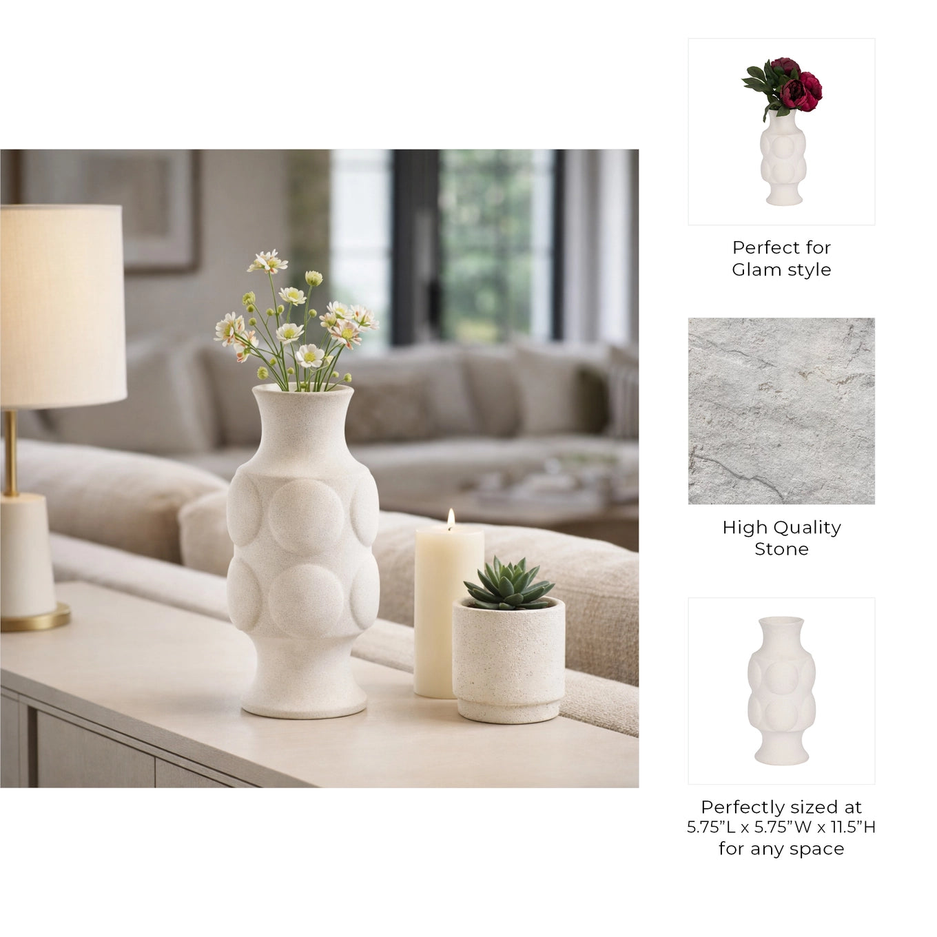 Decorative Vase - White Ceramic Dot Embossed Round, 11 in.