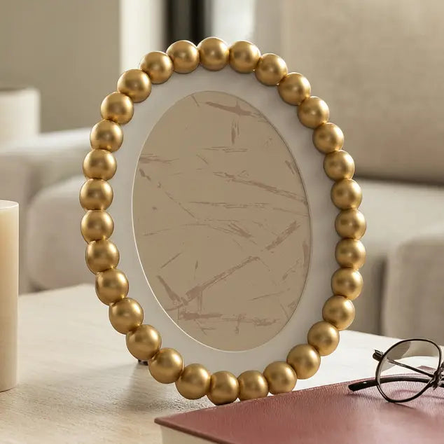 Photo Frame - Gold Glass Matted Round Beaded, 7x9 in.