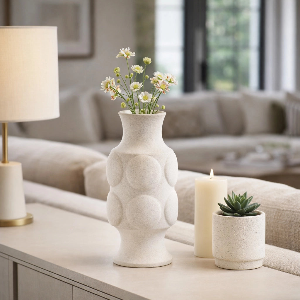 Decorative Vase - White Ceramic Dot Embossed Round, 11 in.