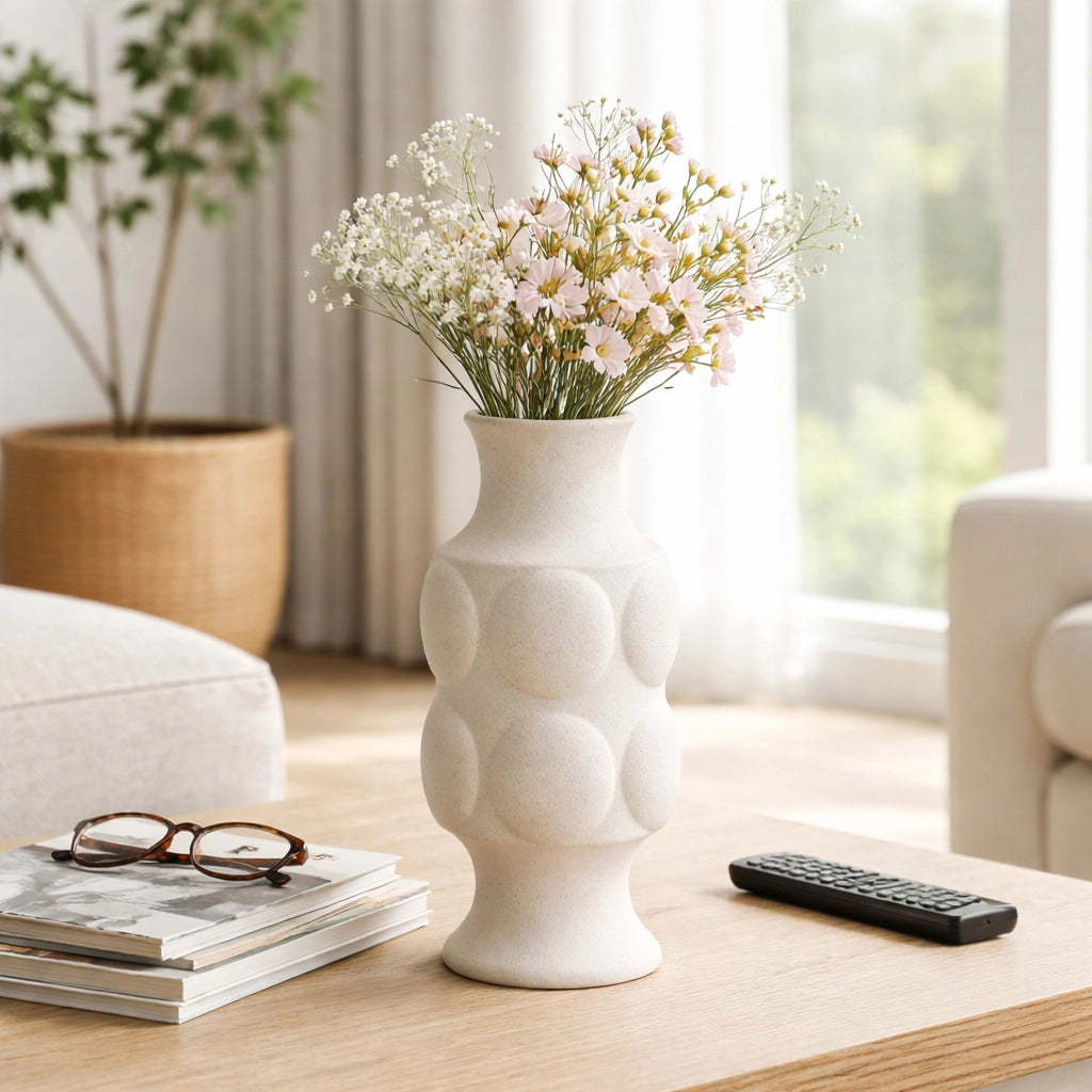 Decorative Vase - White Ceramic Dot Embossed Round, 11 in.