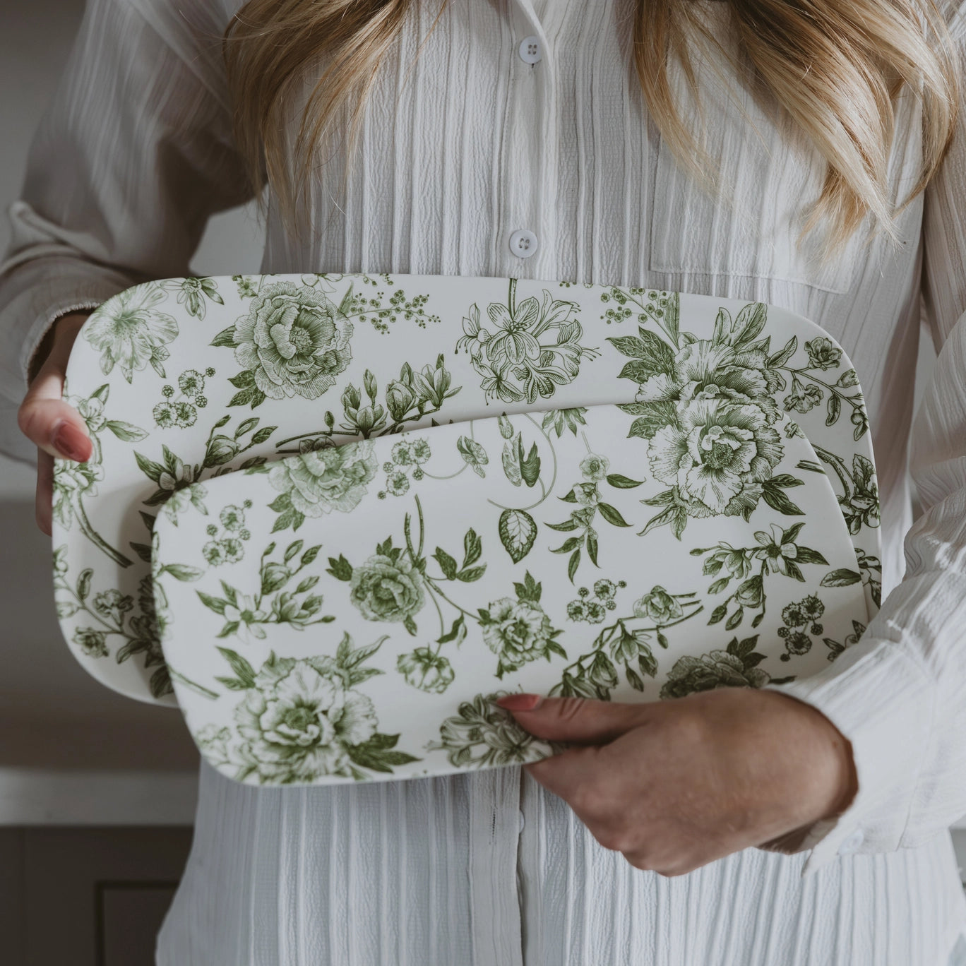 Stacking Green Delft Melamine Tray Set