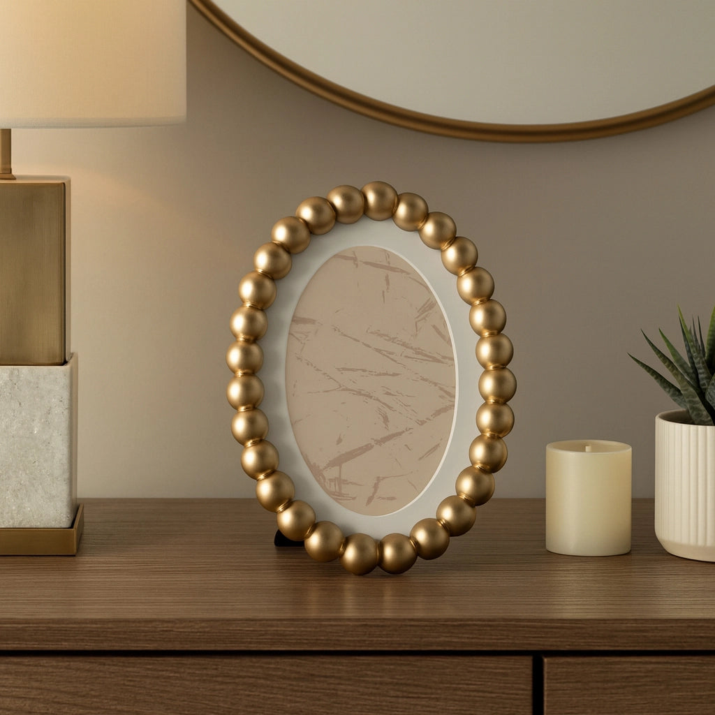 Photo Frame - Gold Glass Matted Round Beaded, 7x9 in.