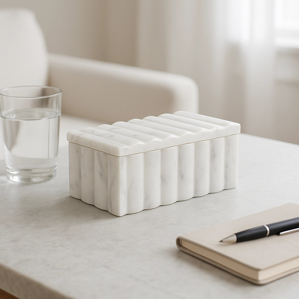 Decorative Box - White Marble Rectangular Ridged, 7 in.